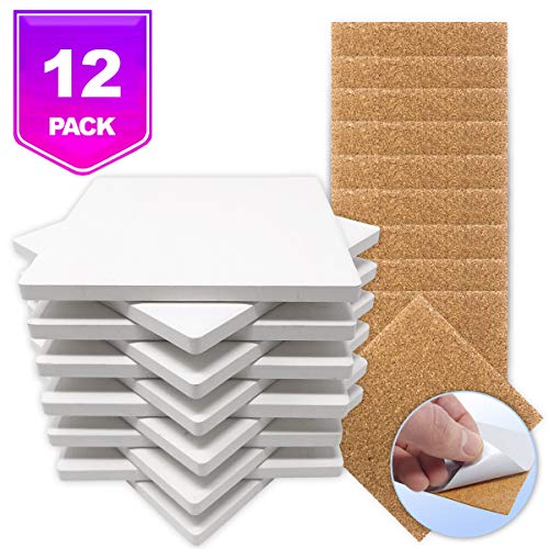 Ceramic Tiles for Crafts Coasters,12 Ceramic White Tiles Unglazed 4x4 with Cork Backing Pads, Use with Alcohol Ink or Acrylic Pouring, DIY Make Your Own Coasters, Mosaics, Painting Projects, Decoupage