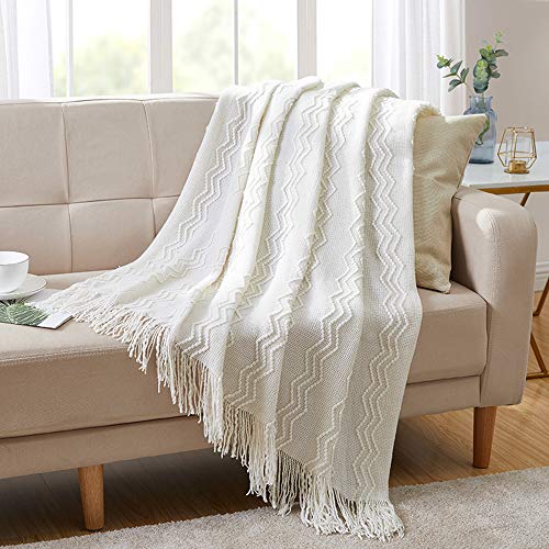 BOURINA Throw Blanket Textured Solid Soft for Sofa Couch Decorative Knitted Blanket, 50' x 60',Off White