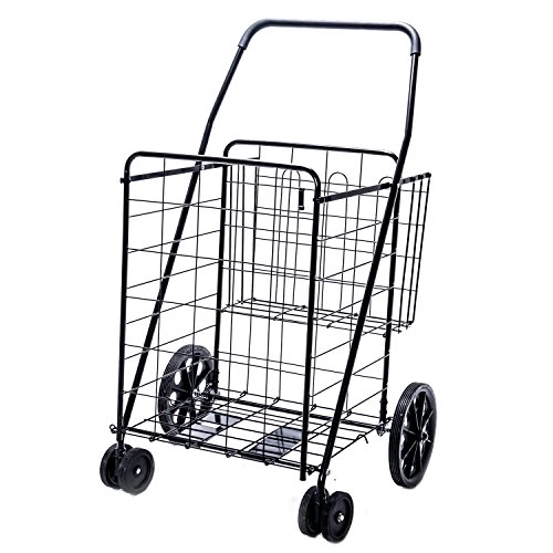 LS Jumbo Deluxe Folding Shopping Cart with Dual Swivel Wheels and Double Basket- 200 lb Capacity