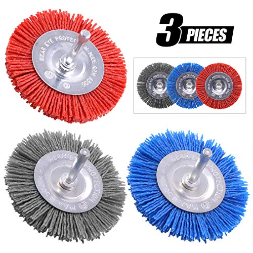 Swpeet 3Pcs 3Inch 80# 120# 240# Abrasive Nylon Wheel Brush Set with 1/4 Inch Shank, 3 Grit Nylon Drill Brush Set Perfect for Removal of Rust/Corrosion/Paint - Reduced Wire Breakage and Longer Life