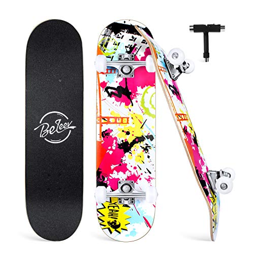 BELEEV Skateboards for Beginners, 31'x8' Complete Skateboard for Kids Teens & Adults, 7 Layer Canadian Maple Double Kick Deck Concave Cruiser Trick Skateboard with All-in-One Skate T-Tool (Graffiti)