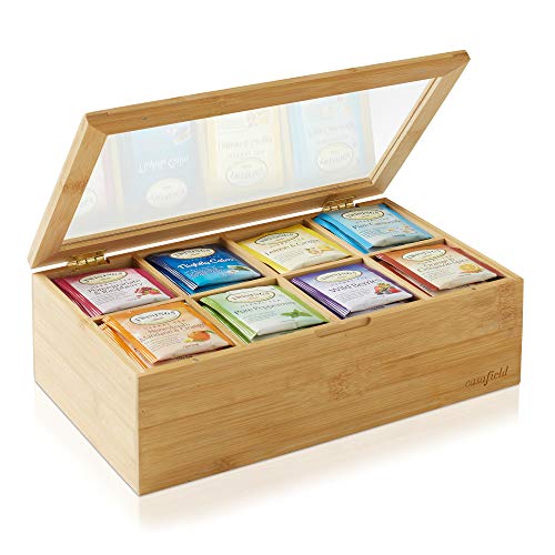 Casafield Bamboo Tea Box Organizer - Wooden Storage Chest for Tea Bag Packets with Clear Acrylic Hinged Lid