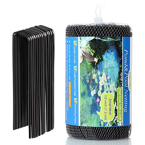 OGORI 14 x 20 ft Pond Netting with 14 Heavy-Duty Steel Garden Staples Stakes,Reusable and Doesn't Tangle - Protective Netting Against Blue Heron Birds and Cats