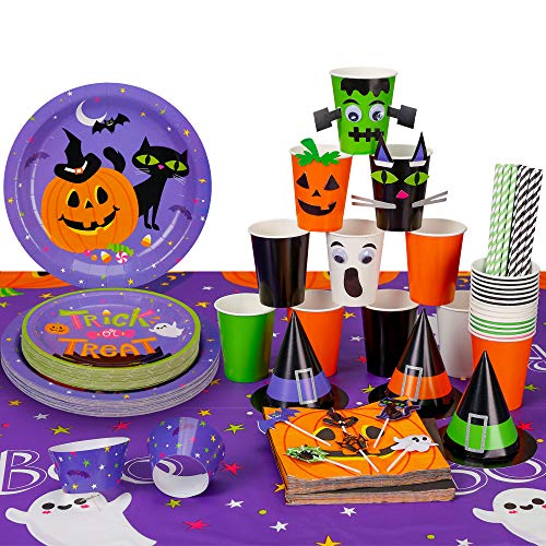 Decorlife Halloween Party Supplies, Plates and Napkins Set for 24, Halloween Tablecloth, Pumpkin Party Plates, Witch Hat Table Centerpieces, Cupcake Toppers and Wrappers, Cups and DIY Stickers, Napkins, Straws Included