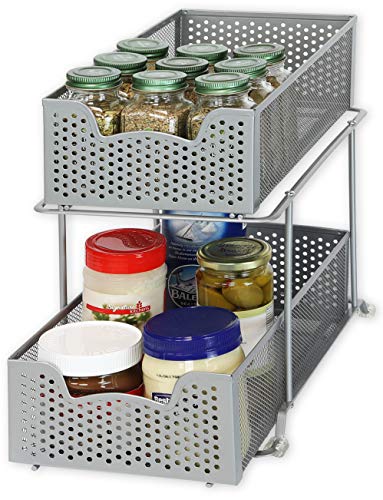 SimpleHouseware 2 Tier Sliding Cabinet Basket Organizer Drawer, Silver