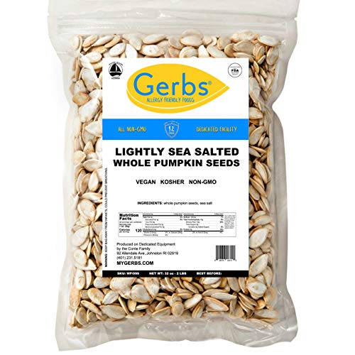 GERBS Lightly Sea Salted Whole Pumpkin Seeds, 32 ounce Bag, Roasted, Top 14 Food Allergy Free, Non GMO, Vegan, Keto, Paleo Friendly