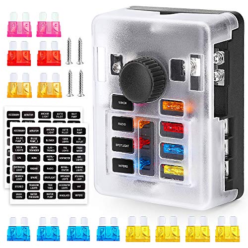 Extractme Upgraded 6 Way Fuse Block with Thumbscrew and LED Indicator, 6 Circuit Blade Fuse Box Holder W/Negative Bus Waterproof Cover Label Sticker for 12V/24V Auto Car RV Marine Boat and Yacht