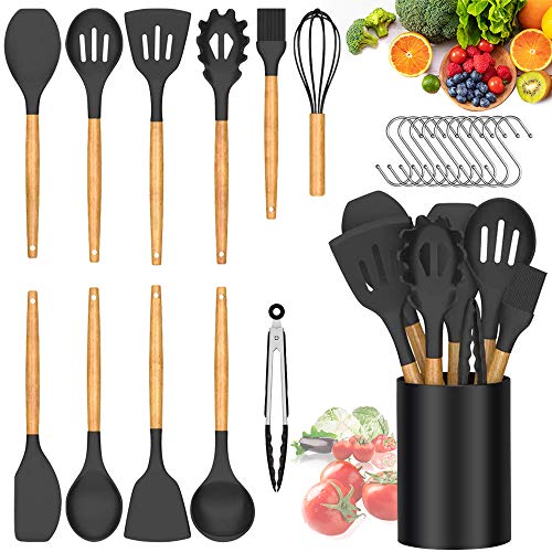 Kitchen Utensils Set Silicone Cooking Utensils, BMBMPT 12PCS Heat Resistant Kitchen Tools Wooden Handle Spoons Kitchen Utensil Set for Nonstick Cookware, Kitchen Gadgets and Spatula Set