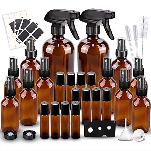 Glass Spray Bottles Kits, BonyTek Empty 12 10 ml Roller Bottles, 12 Amber Essential Oil Bottle(2 x 16oz,2 x 4oz,8 x 2oz) with Labels for Aromatherapy Cleaning Products