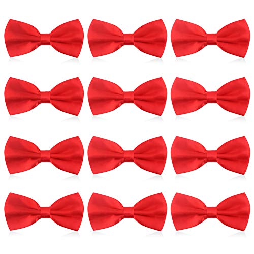 OUMUS Men's Pre-Tied Bow Ties Formal Satin Solid Tuxedo Bowties, Adjustable Length Bowtie Set for Men & Adult & Boys & Kids & Wedding in 12 Packs, Red