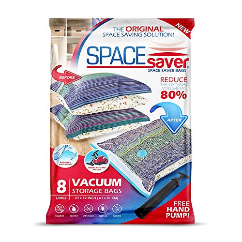 Spacesaver Premium Vacuum Storage Bags. 80% More Storage! Hand-Pump for Travel! Double-Zip Seal and Triple Seal Turbo-Valve for Max Space Saving! (Large 8 Pack)