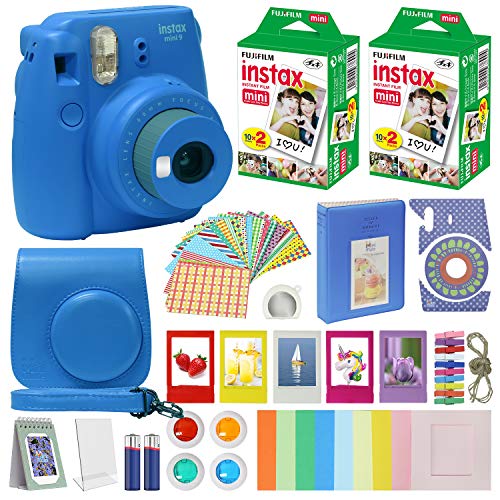 Fujifilm Instax Mini 9 - Instant Camera Cobalt Blue with Carrying Case + Fuji Instax Film Value Pack (40 Sheets) Accessories Bundle, Color Filters, Photo Album, Assorted Frames, Selfie Lens + More
