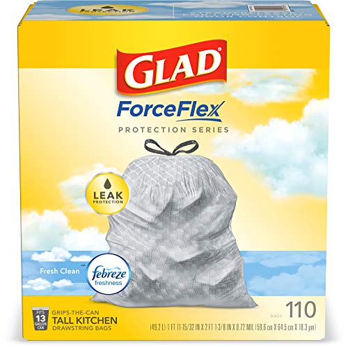 Glad ForceFlex Tall Kitchen Drawstring Trash Bags – 13 Gallon Trash Bag, Fresh Clean scent with Febreze Freshness – 110 Count (Package May Vary)