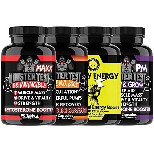 Monster Test MAXX Testosterone Booster + Angry Energy + Monster Nitric Oxide Booster + Monster PM Sleep Aid 4-Bottle Bundle - Maximum Strength Test Boosting Weight Lifting Power Pack for Men (4-Pack)