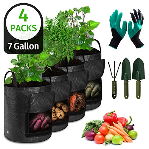 BIEZIAYA 4 Packs 7 Gallon Potato Grow Bags,Heavy Duty Thickened Vegetable Grow Pots with 3 Tools, 1 Gardening Gloves Claws for Tomato,Carrot,Onion,Fruits,Flower Vegetable Planter