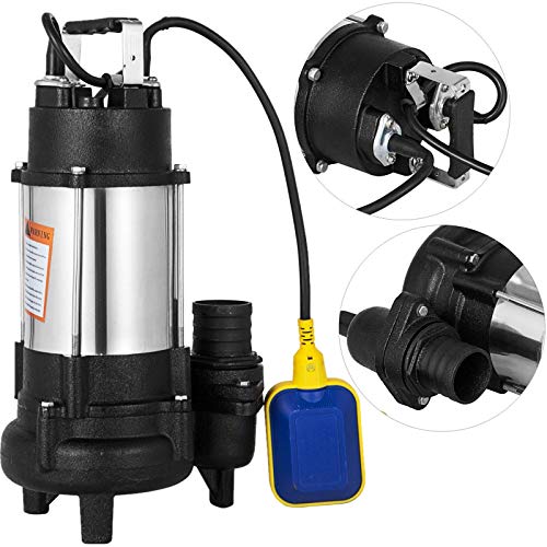 Happybuy Sewage Pump 1 HP 110V 6340 GPH 62' Lift 304 Stainless Steel Heavy Duty with 15' Cable and Piggy Back Float Switch for Family Enterprise Garden Sprinkling