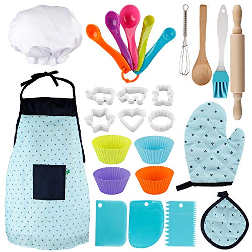 Vanmor Kids Basic Cooking and Baking Set, 26 Pcs Kids Chef Role Play for Little Boys and Girls Includes Apron, Chef Hat, Cookie Cutter, Silicone Baking Cups for 3 Year Old Little Kids Gift