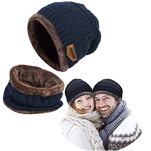 Winter Men Beanie Hat Scarf Set for Women Warm Knit Hats Skull Cap with Thick Fleece Lined