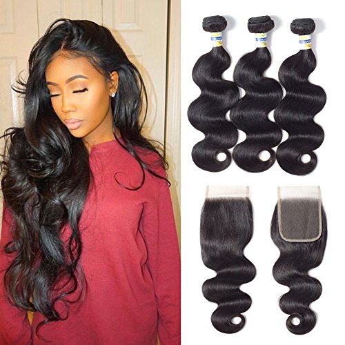 Brazilian Body Wave 3 Bundles with Lace Closure (4 ×4) Free Part 100% Unprocessed Virgin Human Hair Extensions Natural Color (8 10 12 +8, body wave with closure)