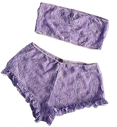 Sexy Women Lace Lingerie Babydoll Black Bra and Panty Set High Waisted 2 Piece Nightwear Sleepwear Underwear (Purple, S)