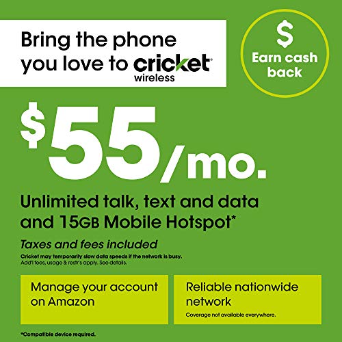 $55 Monthly Subscription for Cricket Unlimited Talk/Text/Data includes 15GB Mobile Hotspot plan + SIM Kit
