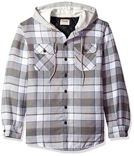 Wrangler Authentics Men's Long Sleeve Quilted Lined Flannel Shirt Jacket with Hood, Cloud Burst with Gray, X-Large