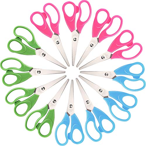 12 Pieces School Student Blunt Tip Kids Craft Scissors, 5-Inch Blunt Tip Kids Scissors Pointed Stainless Steel Knife Safety Hard Grip Handles for Children Cutting Paper, 3 Colors