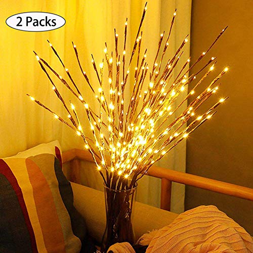 DK177 Led Branch Light Battery Operated Lighted Branch Vase Filler Willow Tree Artificial Little Twig Power Brown 30 Inch 20 LED for Home Romantic Decoration, Pack of 2, Warm White