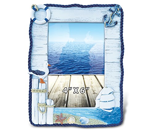 Puzzled Resin Coastal Maritime Picture Frame, 4 X 6 Inch Sculptural Photo Holder Intricate & Meticulous Detailing Art Handcrafted Decoration Tabletop Accent Accessory Nautical Beach Themed Home Décor