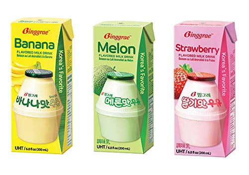 Biggrae Flavored Milk Series; Banana(6), Strawberry(6), Melon(6); Each Pack 200ml, 6.8 Fl oz; 빙그레 우유 바나나, 딸기, 멜론 18 Packs(Each Flavor 6 Packs) Ship by USPS Priority Service by Yasik