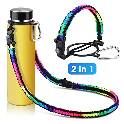 KATUMO Paracord Handle with Long Shoulder Strap for Hydro Flask Water Bottle Fits for 12oz - 64oz Wide Mouth Bottles for Hiking with Safety Ring, Fire Starter, Whistle, Compass and Carabiner (Rainbow)