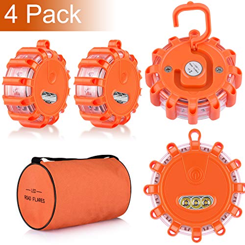 4 Pack LED Road Flares Emergency Beacon Safety Flare Flashing Warning Light for Car Truck Boat with Hook and Magnetic Base, 9 Flash Modes (Batteries Not Included) (4)