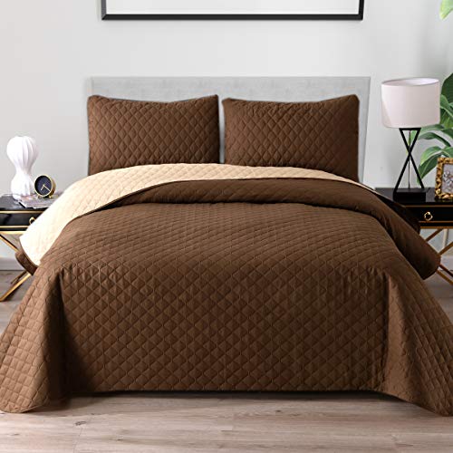 Exclusivo Mezcla Ultrasonic Reversible 3-Piece Full/Queen Size Quilt Set with Pillow Shams, Lightweight Bedspread/Coverlet/Bed Cover - (Chocolate Brown, 92'x88')