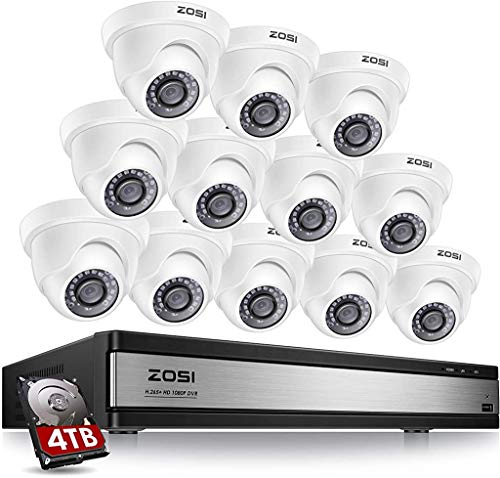 ZOSI H.265+ 1080p 16 Channel Security Camera System,16 Channel CCTV DVR with Hard Drive 4TB and 12 x 1080p Indoor Outdoor Dome Camera, 80ft Night Vision, 105° View Angle, Remote Control, Alert Push