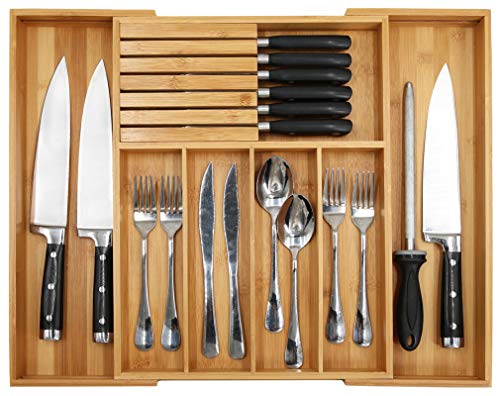 Bamboo Silverware Drawer Organizer Kitchen, Expandable Utensil Holder and Cutlery Tray with Divider | 13'-21.6' Flatware Storage and Removable Knife Block