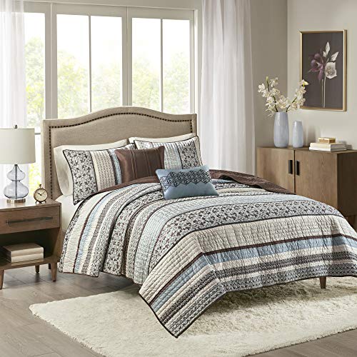 Madison Park Reversible Quilt Luxury Jacquard Design All Season, Breathable Coverlet Bedspread Bedding Set, Matching Shams, Decorative Pillow, Full/Queen(90'x90'), Princeton, Blue, 5 Piece