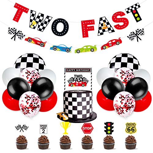 Race Car Two Fast Party Decorations Supplies Racing Theme 2th Birthday Party Banner Race Car Second Birthday Cake Topper Checkered Flags Balloons for Let's go Racing Theme Sports Event Party Supplies