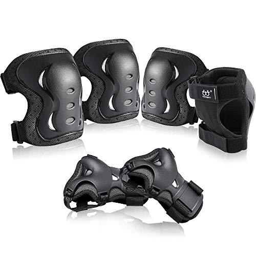 boruizhen Kids & Adult/Youth Knee and Elbow Pads with Wrist Guards 3 in 1 Protective Gear Set for Skateboarding Cycling BMX Bike Scooter Skating Rollerblading Riding (Black, Large (14 Years - Adult))