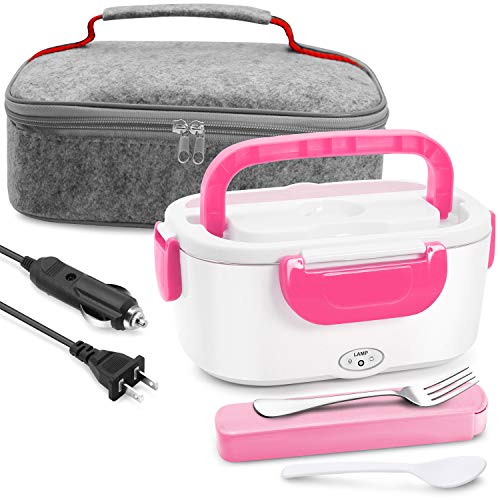 Electric Lunch Box Food Heater - Farochy Heating Lunch Box Heater Portable Microwave Electric Lunch Box 2 in 1 for Car and Home 110V & 12V, Stainless Steel Food Warmer and Heater (Pink)