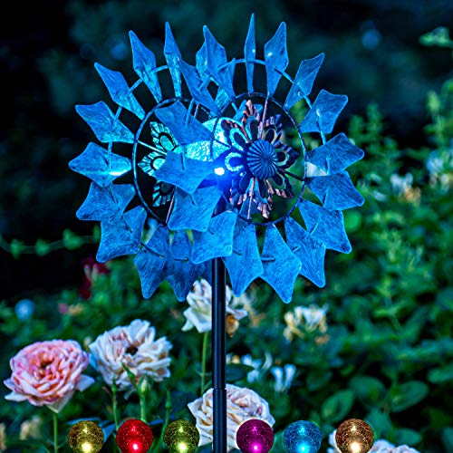 Solar Wind Spinner New Azure 75in Multi-Color Seasonal LED Lighting Solar Powered Glass Ball with Kinetic Wind Spinner Dual Direction for Patio Lawn & Garden