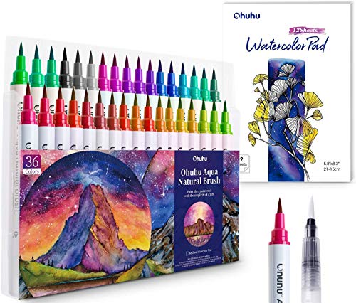 Professional Watercolor Brush Markers Pens Set, Ohuhu 36 Colors Water-based Paint Marker with 12-Sheet Watercolor Pad & A Blending Aqua Brush, Nylon Brush Tip for Coloring Calligraphy Drawing