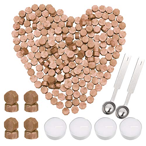 Jixiangdou 260 Pieces Octagon Sealing Wax Beads Sticks with 4 Pieces Tea Candles and 2 Pieces Wax Melting Spoon for Wax Stamp Sealing (Bronze)