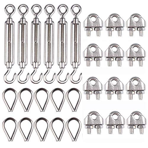 6-Pcs Turnbuckle Tension Wire Rope with Eye&Hook (M6), 12-Pcs 1/8 Inch Wire Rope Cable Clip Clamp (M3), 10-Pcs Thimble (M3), Stainless Steel Kit, Aunifun