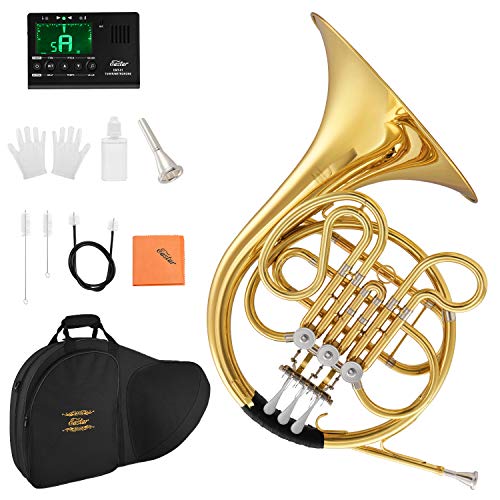 Eastar Single French Horn Key of F Standard 3-Key French Horn for Students Beginners with Hard Case Tuner Mouthpiece Gloves Valve Oil and Cleaning Kit, EFH-380
