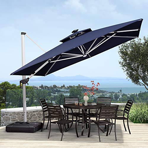 PURPLE LEAF 10 Feet Double Top Deluxe Solar Powered LED Square Patio Umbrella Offset Hanging Umbrella Outdoor Market Umbrella Garden Umbrella, Navy Blue