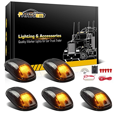 Partsam 5X Smoke Cab Marker Light Amber LED Top Roof Running Light Assembly + Wiring Pack Compatible with Dodge Ram 1500 2500 3500 4500 5500 2003-2018