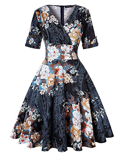 Vintage 1950s Retro Half Sleeve Evening Party Dresses for Women Classic Prom Swing Dress (Floral Black #3,XL)