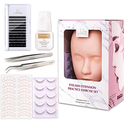 LANKIZ Eyelash Extension Kit with Mannequin Head Practice Exercise Set Training Lash Extension Supplies for Beginners Include Individual Lashes Glue Tweezers and Training Lashes