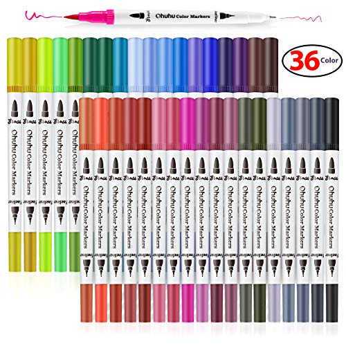 36 Colors Art Markers, Ohuhu Dual Tips Coloring Brush Marker Fineliner Color Pens, Water Based Marker for Calligraphy Drawing Sketching Coloring Book Bullet Journal Mother's Day Back to School Gift