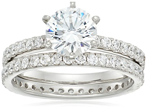 Platinum-Plated Sterling Silver Round Ring Set made with Swarovski Zirconia (1 Carat Center Stone), Size 6
